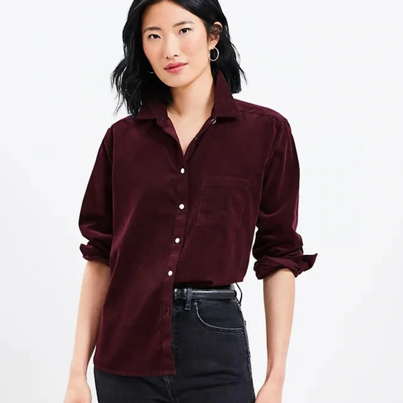 LOFT Maroon Corduroy Cotton Long Sleeve Button Down Womens Size XSmall NWT - Picture 1 of 11